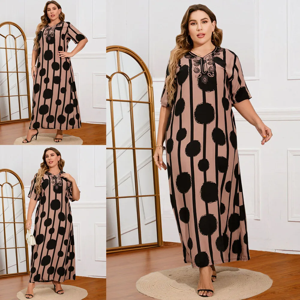 

Vintage Print Maxi Long Dress 3XL V-Neck Short Sleeve Summer Dresses 2022 Women Elegant High Waist A-Line Dress Islamic Clothes