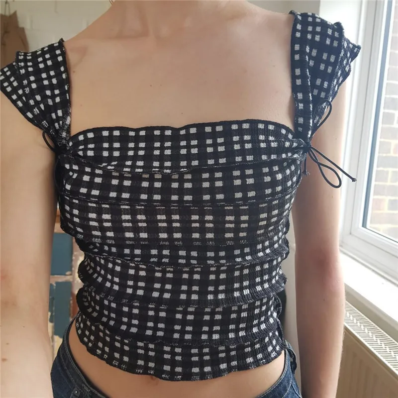 

Women Black Plaid Tank Tops Sexy Sleeveless Vest Summer Female Chic Hot Camisole Bow Patchwork Cropped Tops Square Collar Vest