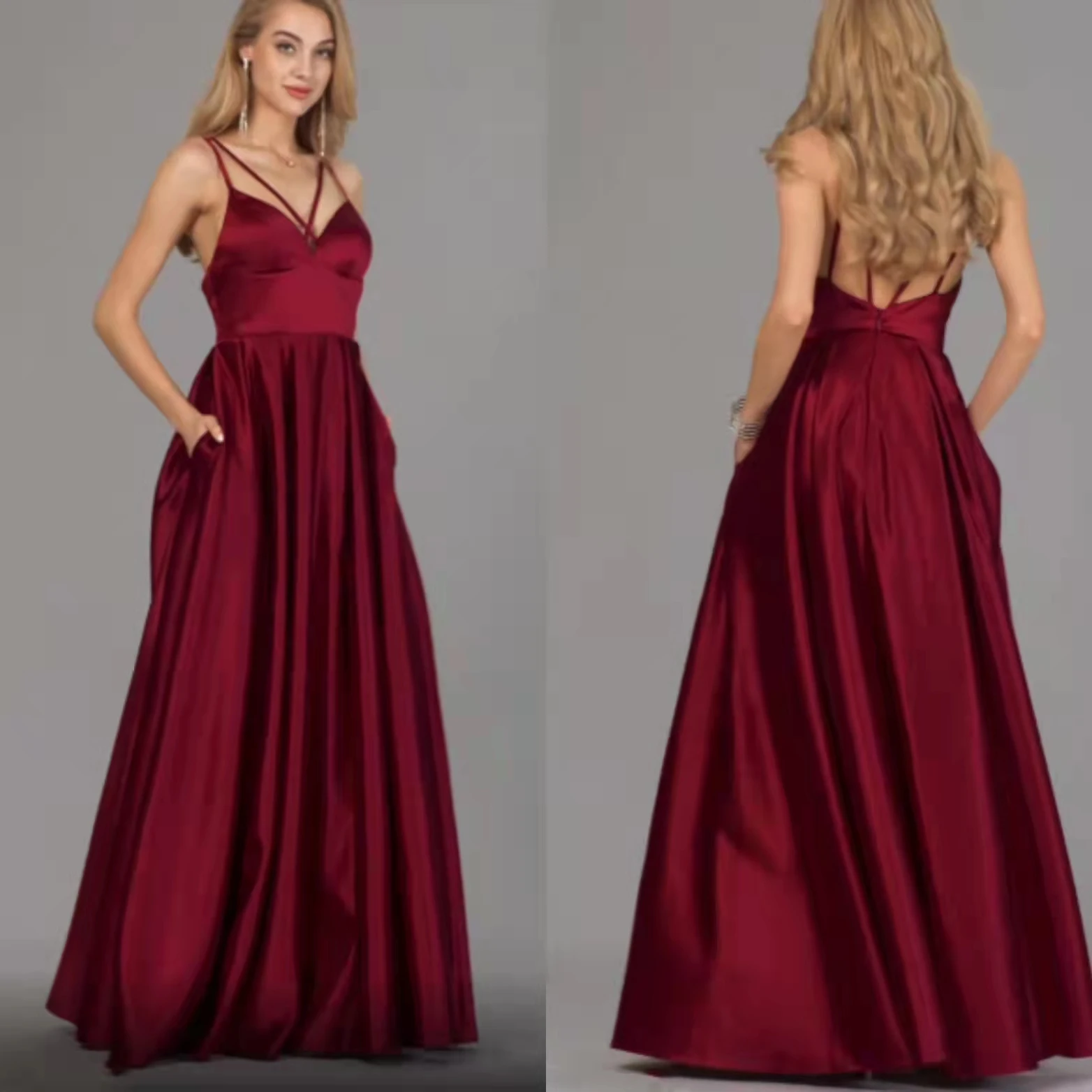 

Женское длинное вечернее платье, бордовое атласное платье-трапеция с V-образным вырезом, карманами, в пол, для выпускного вечера