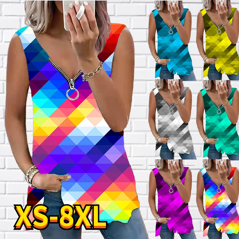 

2022 Women Summer tank tops Loose Zipper sleeveless V-neck print vest summer Sexy Streetwear Fashion plus size Basic pullover