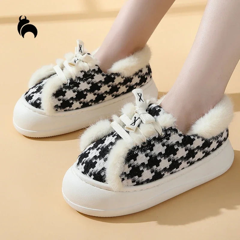 

Women's Winter Outdoor Thickened Warm Cotton Shoes Korean Thick Bottom Non-slip Casual Shoes Wrapped Heel Lacing Flat Shoes