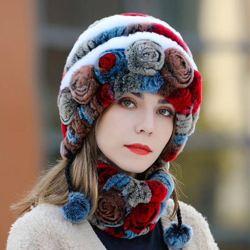 Женская зимняя теплая Модная шапка с цветком и шарфом