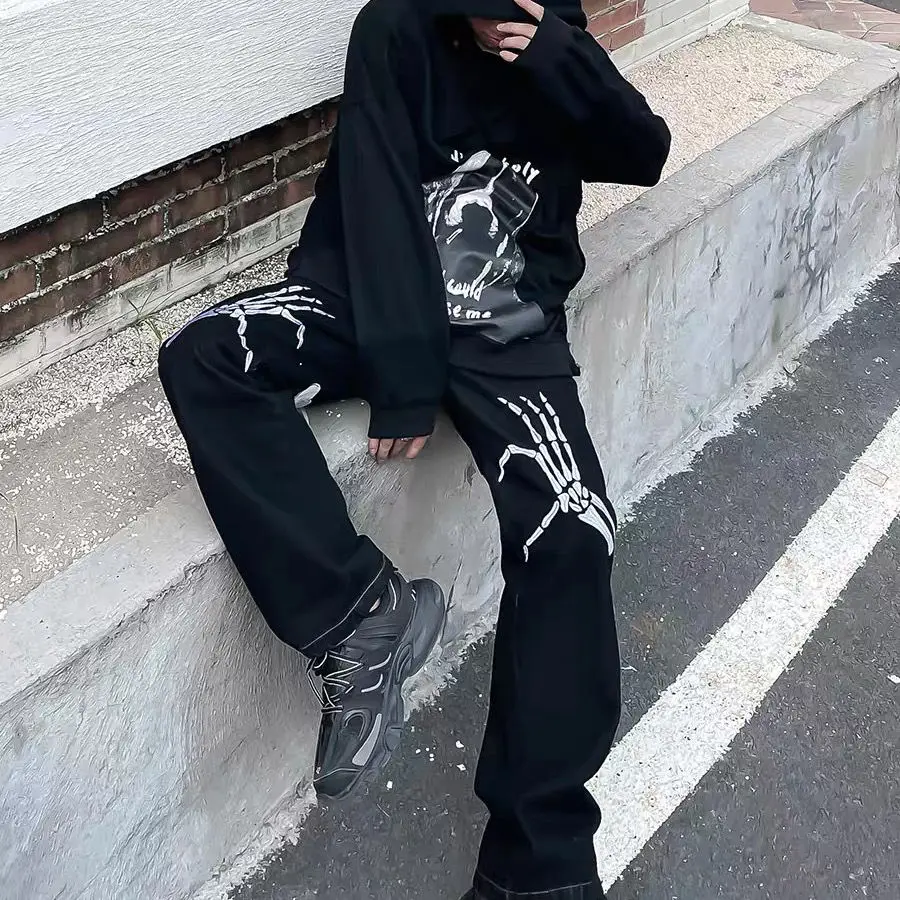 

Hiphop Cool Jeans Street Gothic Skeleton Hand Embroidery Trousers Men Women Lover Grunge Straight Slim Fit Boyfriend Jeans