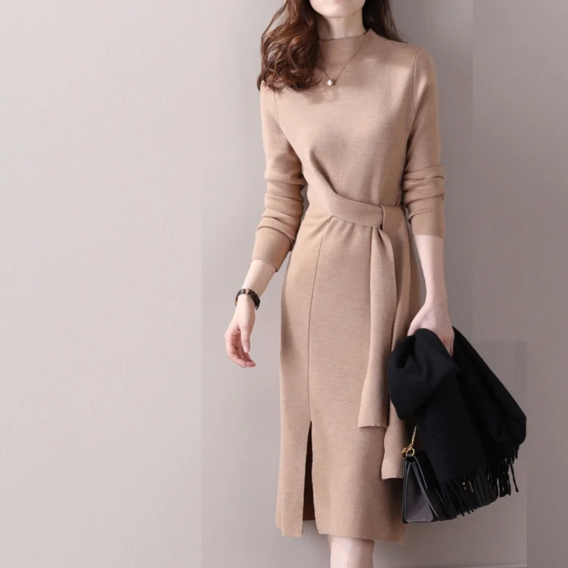 

New Women knitted Long Sleeve Sweater Midi Korean Dress Lady's Half High collar Elegant Split Slim Long Casual Dresses Clothing