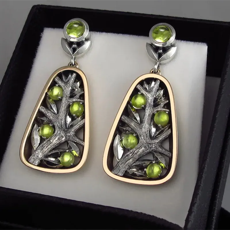 

Boho Vintage Inlaid Olive Green Crystal Dangle Earrings Jewelry Plant Branch Hollow Earrings for Women Wedding Party Earrings