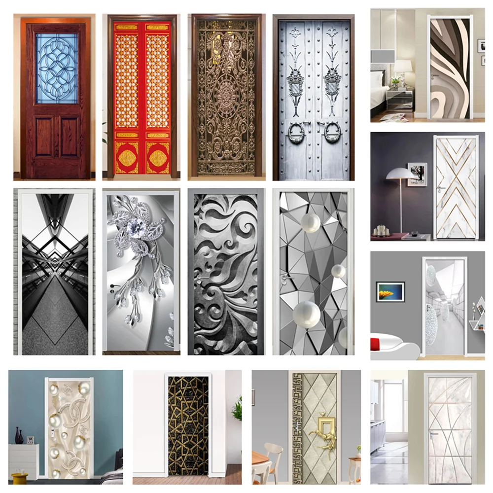 

Imitation Wooden Door Modern Lines Door Sticker Abstract Art Mural Wallpaper PVC Self-adhesive Waterproof Walls Poster Decals