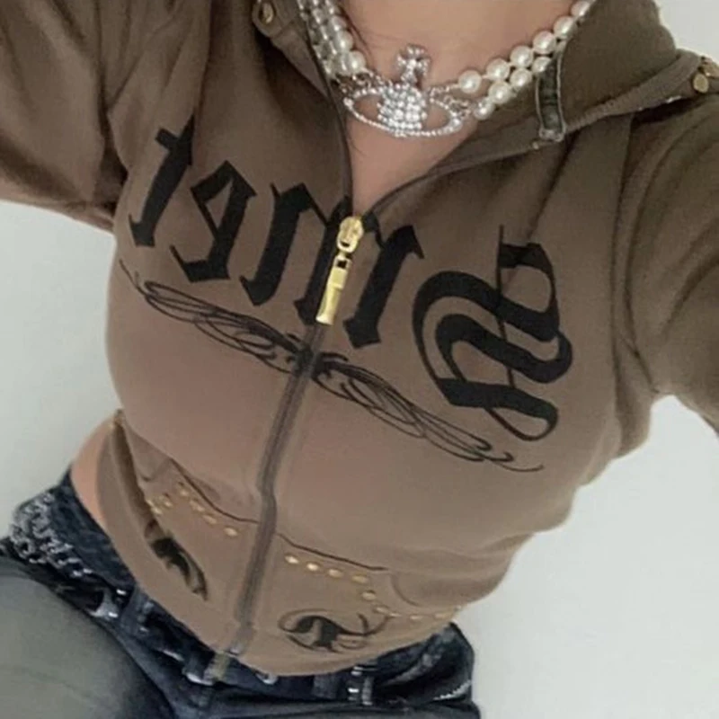 

Y2K Aesthetics Grunge Retro Hooded Streetwear Graphics Print Vintage Brown Jackets Coats Autumn Full Sleeve Zip Up Sweatshirt