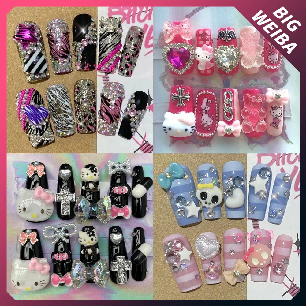 

Настраиваемые накладные ногти Y2K с алмазной звездой Hello Kitty милые Мультяшные длинные гвозди ручной работы на шпильках для маникюра