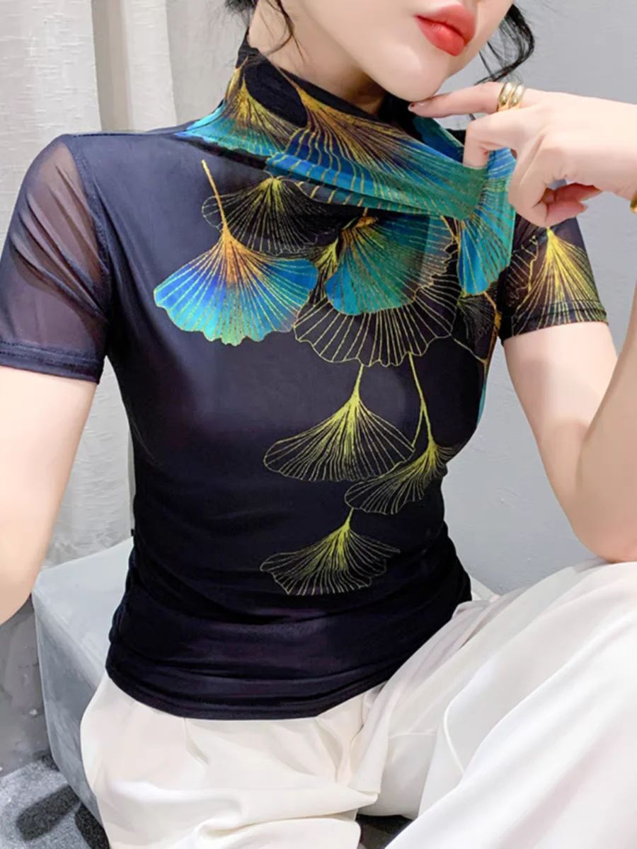 Женская эластичная водолазка базовая модная Сетчатая футболка с принтом