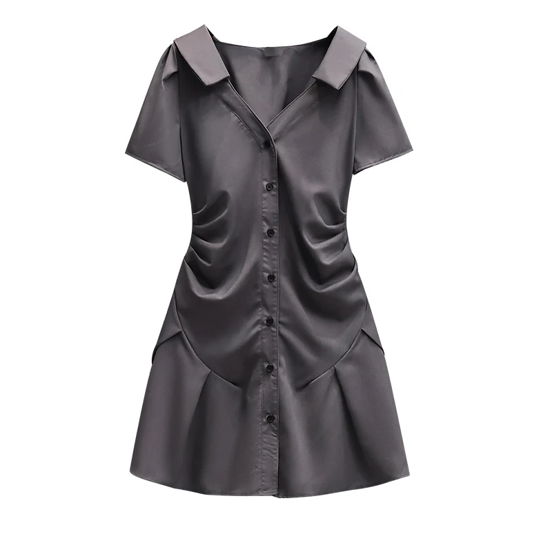 

Женское Повседневное платье-рубашка большого размера y2k, с коротким рукавом, V-образным вырезом, со складками, однобортное облегающее мини-платье, женская летняя одежда