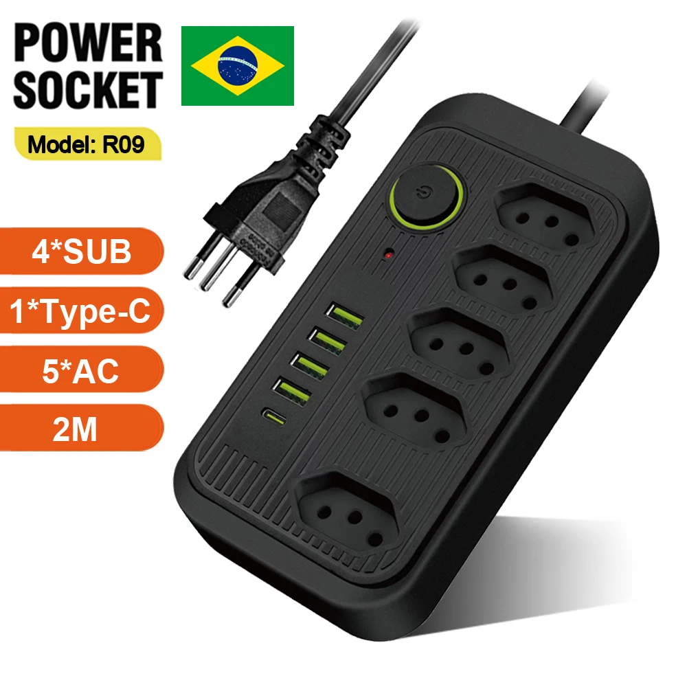 

Бразильская вилка, удлинитель с 4 портами USB 1 Type C, Удлинительный шнур 2 м, фильтр, Бразильская розетка 5AC, Электрический бразильский адаптер