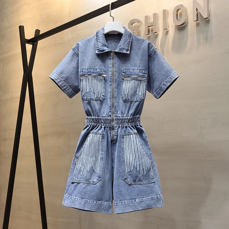 

Womne Denim Jumpsuit Shorts Summer Casual Short Sleeve Playsuit Ladies Loose Elastic Waist Fashion Sequins Zipper Jeans Overalls