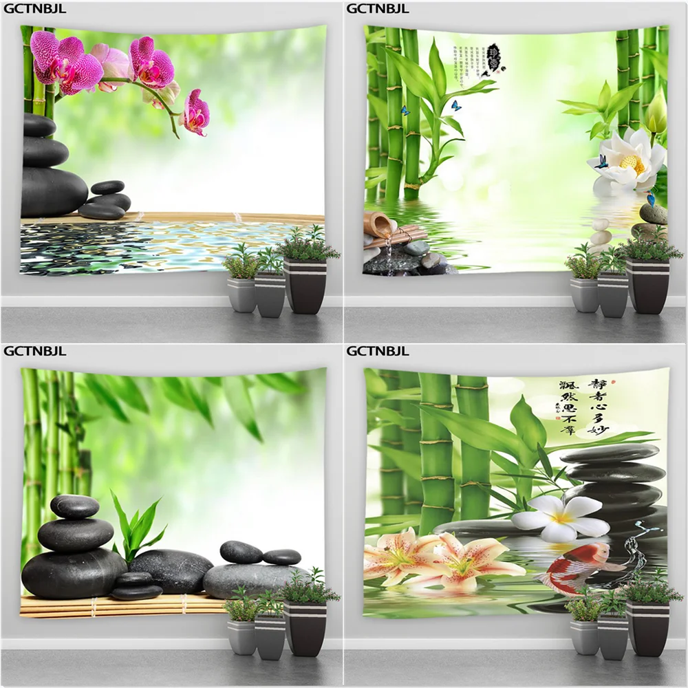 

Spa Zen Landscape Tapestry Green Bamboo Flower Stone Scenery Living Room Bedroom Hippie Wall Hanging Background Decor Blanket