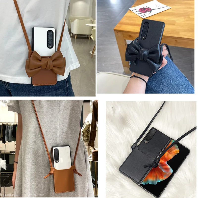 

Fashion Cute Bow Card Crossbody Chain Leather Phone Case For Samsung galaxy Z Fold 3 Case Z Fold 4 Cover Fold3 Capa Z Fold2 Case