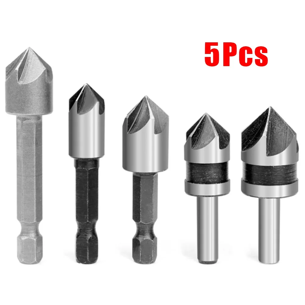 

5 Pcs 5 Flute Counter Sink Drill Bit HSS 82 Degree W/ 1/4" Shank Chamfering Bit Soft Metal Woodworking Drilling Tool Accessories