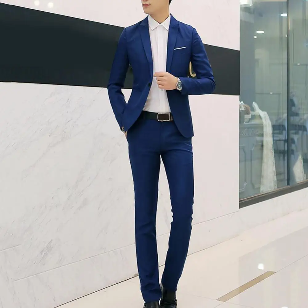 

2 шт. модный мужской однотонный блейзер с лацканами на пуговицах с длинным рукавом тонкие Костюмные брюки пиджаки
