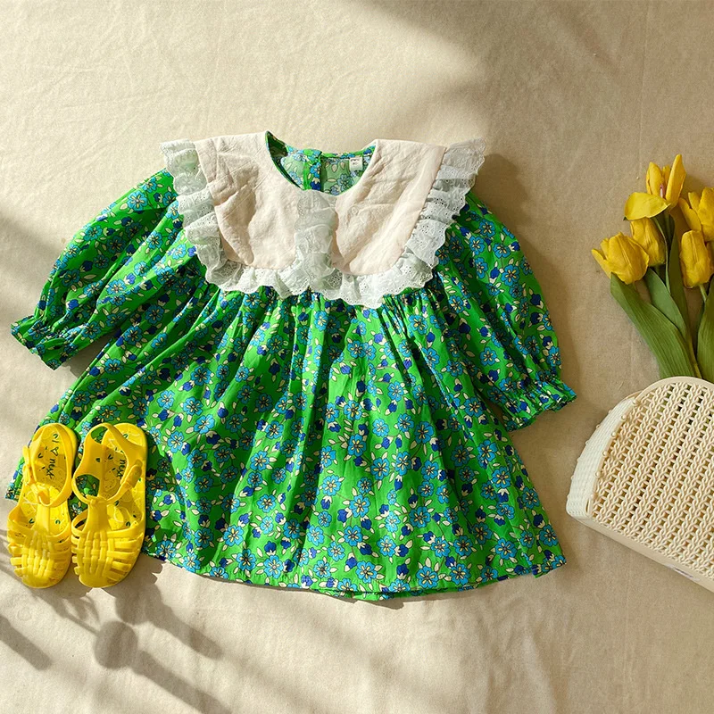 

2022 New Spring Korean Children's Dress Girls' Wear Floral Lace Lapel Princess Skirt Long Sleeves Flower Pattern Printing Green