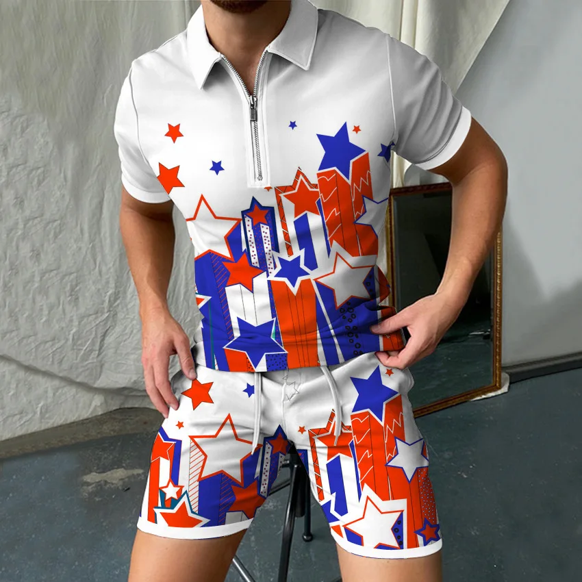 New Men's Summer Polo Shirt Set Pants Tracksuit Beach Sea View 2 Piece 3D Printed Personality Fashion Jogging Slim Fit Suit