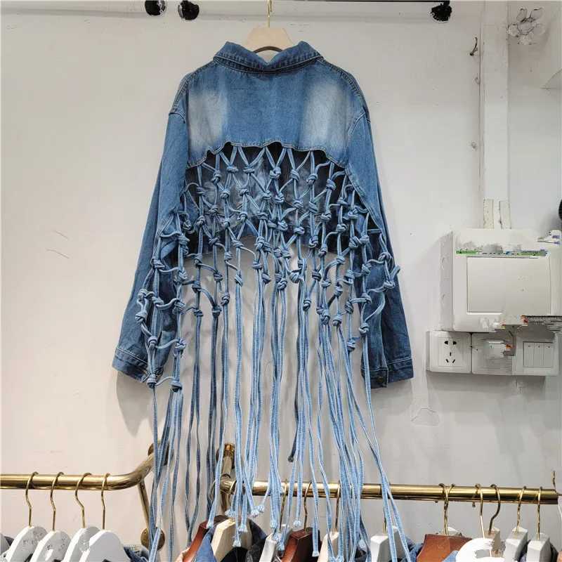 

Harajuku Jeans Coat 2023 Autumn New Mesh Woven Hollowed Backless Tassel Denim Jacket Long Sleeve Jackets for Women