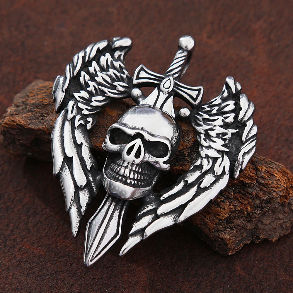 

Gothic Stainless Steel Angel Sword Skull Pendant Necklace Punk Hip Hop Nightclub Rock Men Skull Necklace Jewelry Never Fade