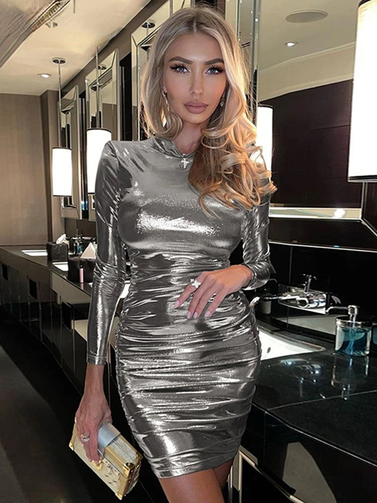 

Мини-платье из искусственной кожи с рюшами и длинным рукавом