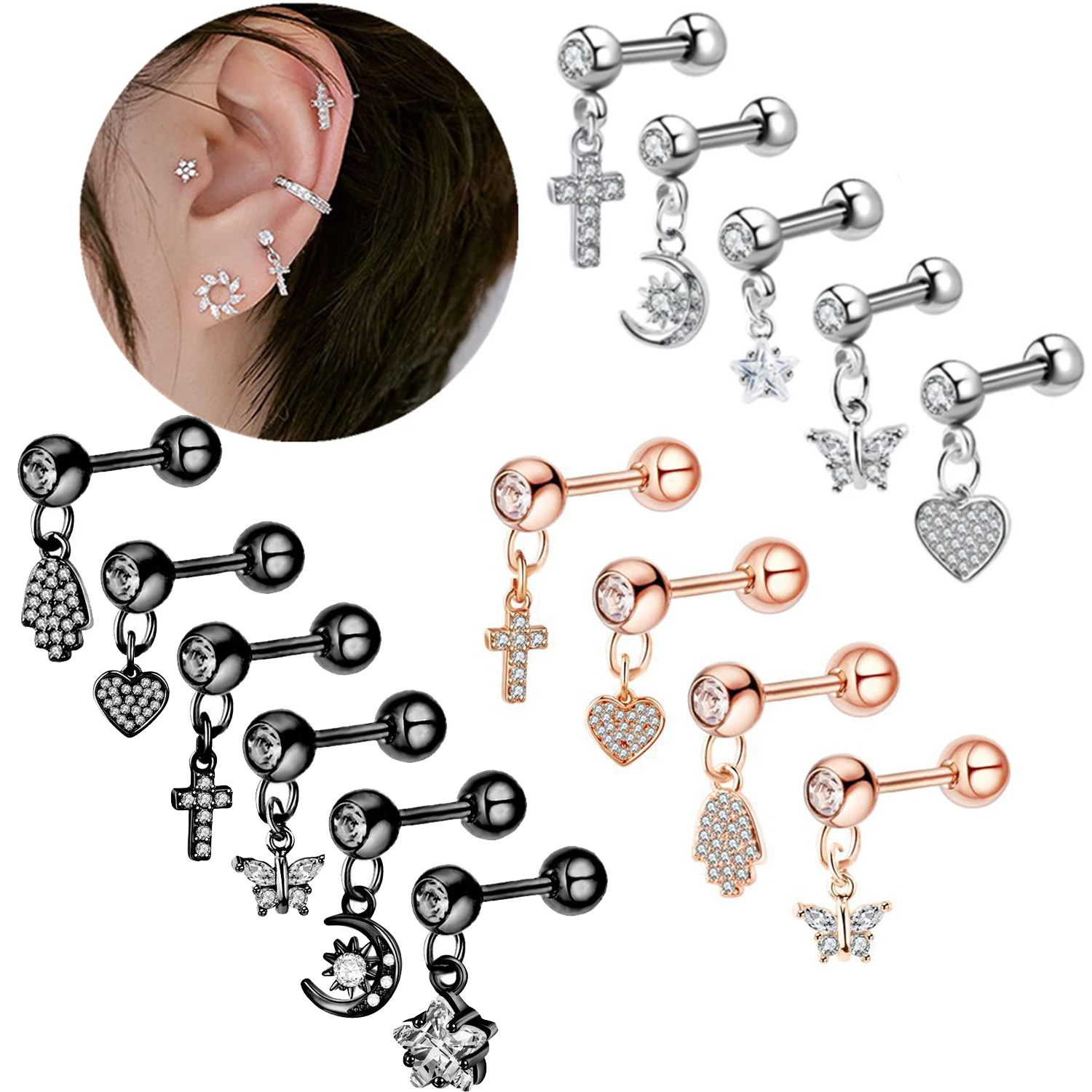 

1PCS Cross Ear Tragus Piercing Earring Stud Barbell Crystal Cartilage Stud Earring Helix Piercing Daith Jewelry Rook Conch Stud