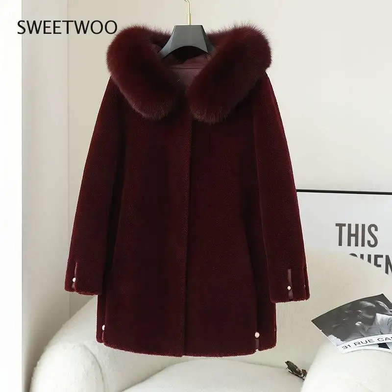 Women Autumn Winter Real Lamb Fur Coat Female Warm Fox Fur Collar Hooded Natural Sheep Shearing Wool Jacket Ladies Outwear 2022