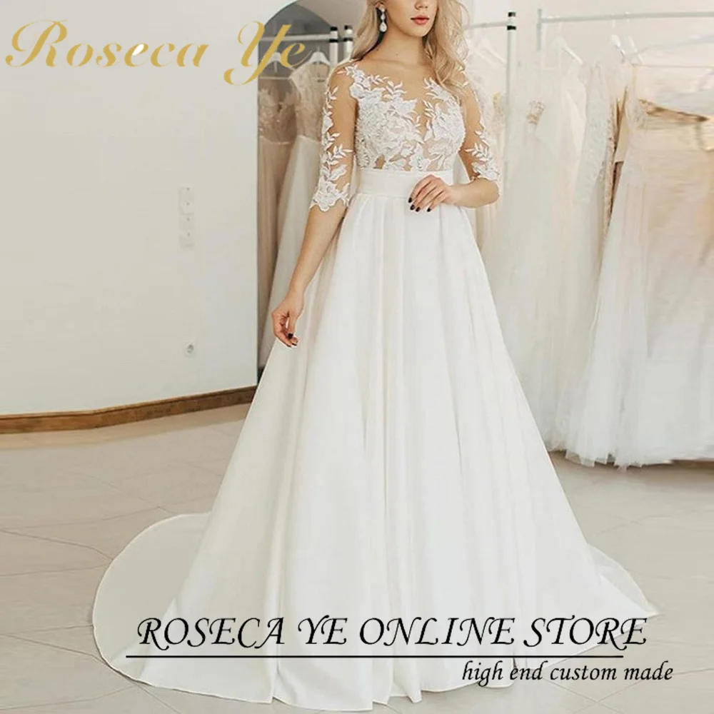 

Roseca Ye 2022 Satin Wedding Dresses Boho Short Sleeves Bow Pocket Bridal Dress Lace Appliques Wedding Gown Custom Made
