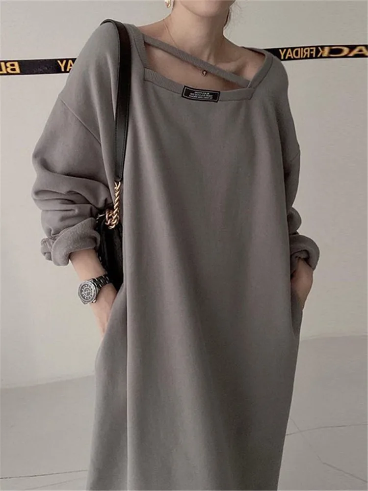 Платье-свитшот с ленивым размером больших размеров женское свободное цельное