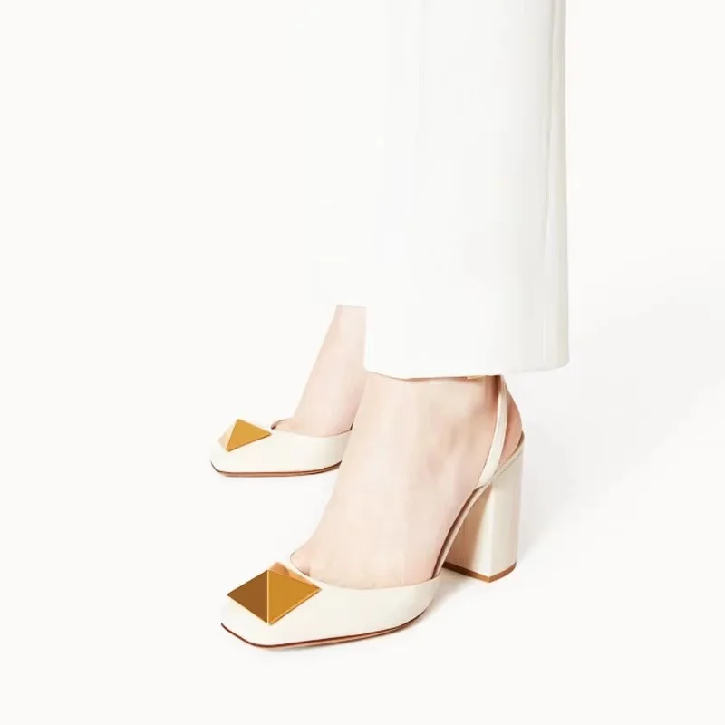 

2022 New Design Square Toe Women Sandals Fashion Big Gold Rivet Ladies Dress Party Shoes Square High Heel Pumps Shoes