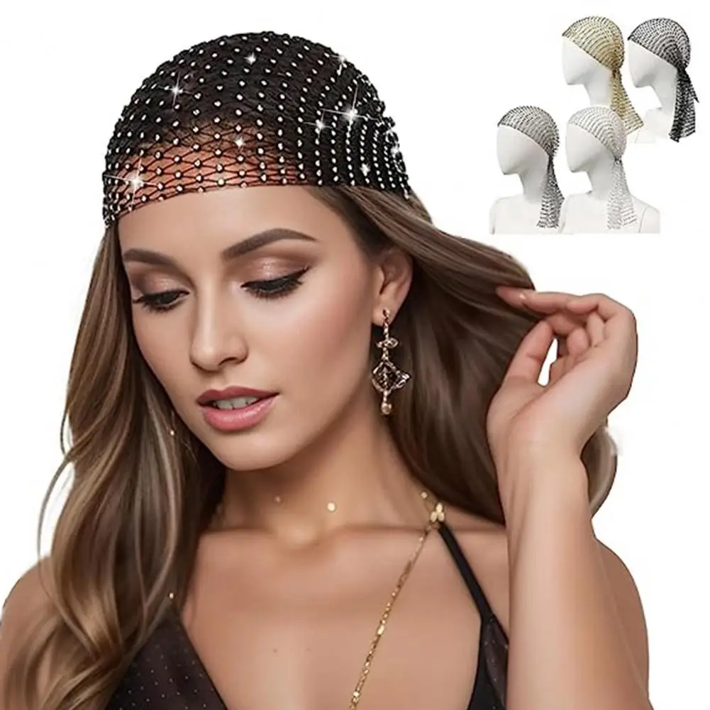 

Rhinestone Hat Women Elastic Snood Scarf Cap Mesh Hollow Out Fishnet Pirate Hat Prom Ball Masquerade Cosplay Headband