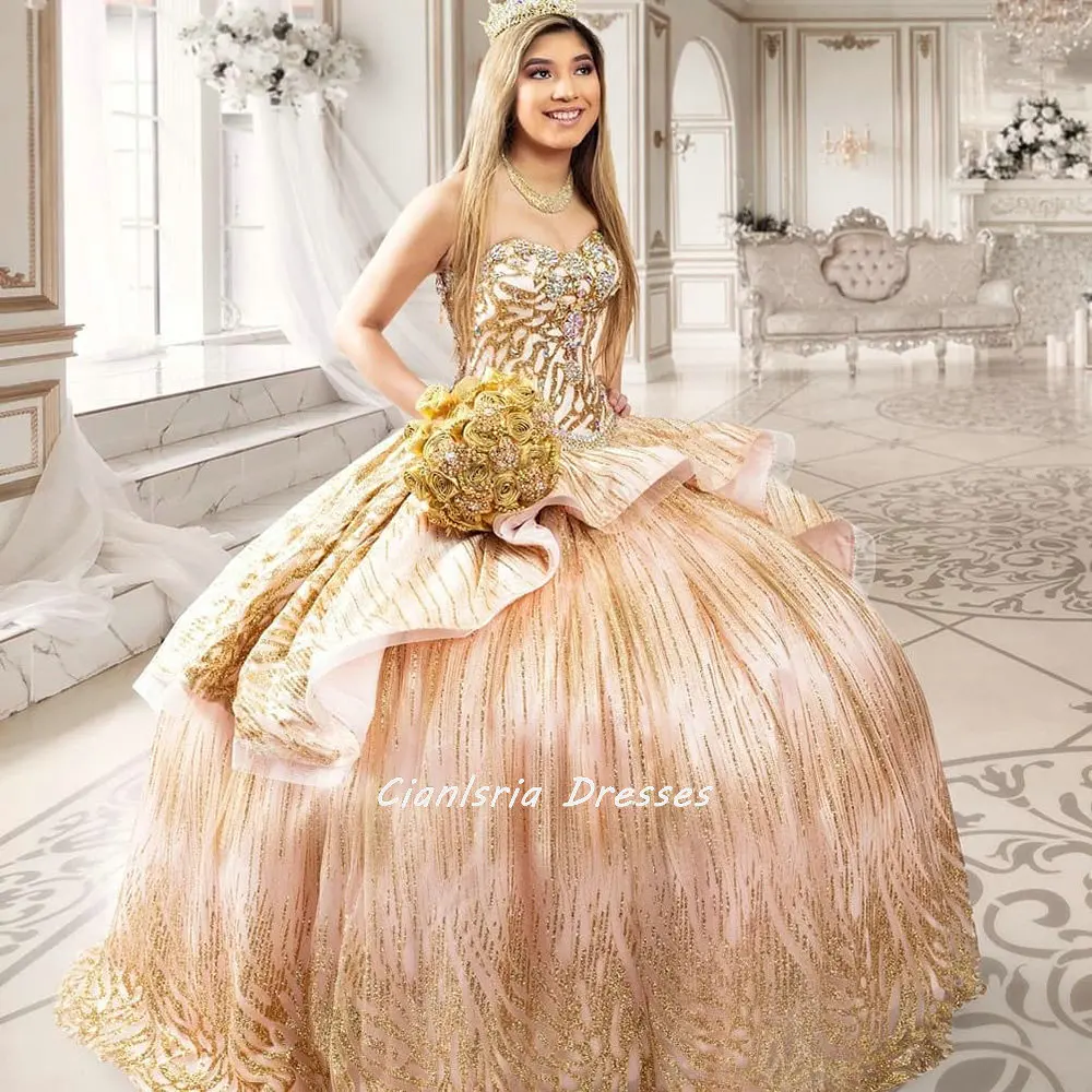 

Золотистое милое бальное платье без рукавов с многоярусными оборками, платья Quinceanera, блестящее звеньевидное милое празднивечерние платье д...