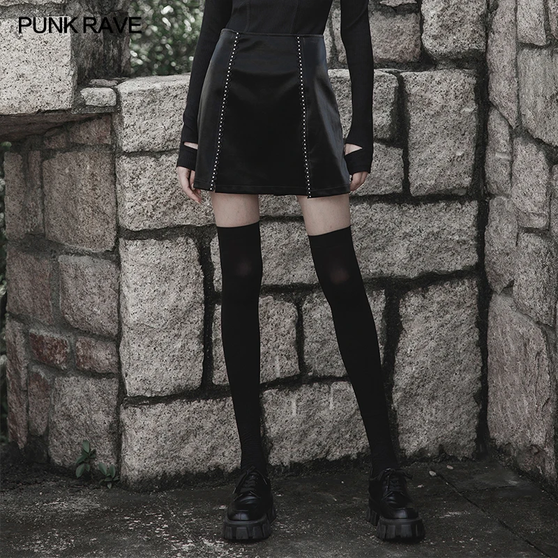 PUNK RAVE Slit leather A line Rivet lace skirt for women side Invisible zipper with underpants inside female skirt