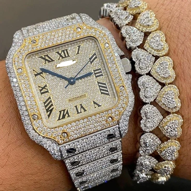 

Стильные роскошные дизайнерские часы в стиле хип-хоп из нержавеющей стали со сверкающими бриллиантами и муассанитом
