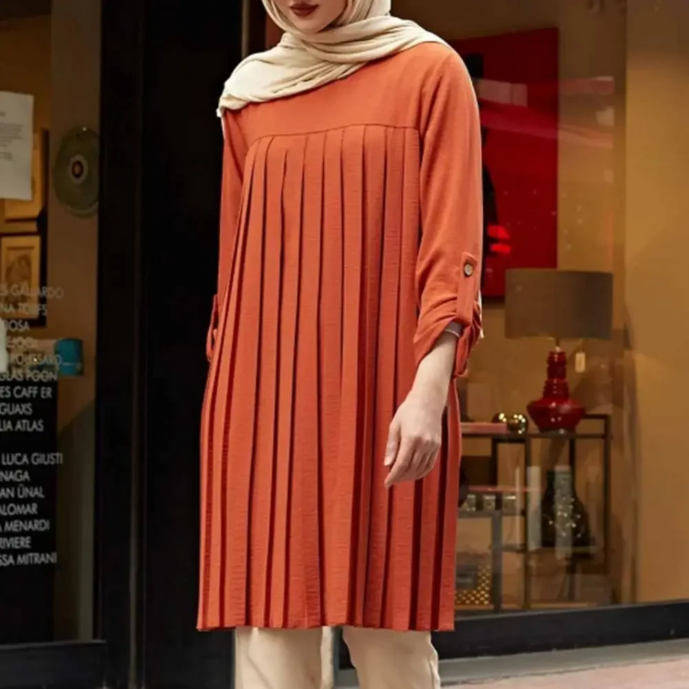 

Streetwear Casual Round Neck Solid Color Pleated Blouse Plus Size Women Top Solid Color Women Accessory