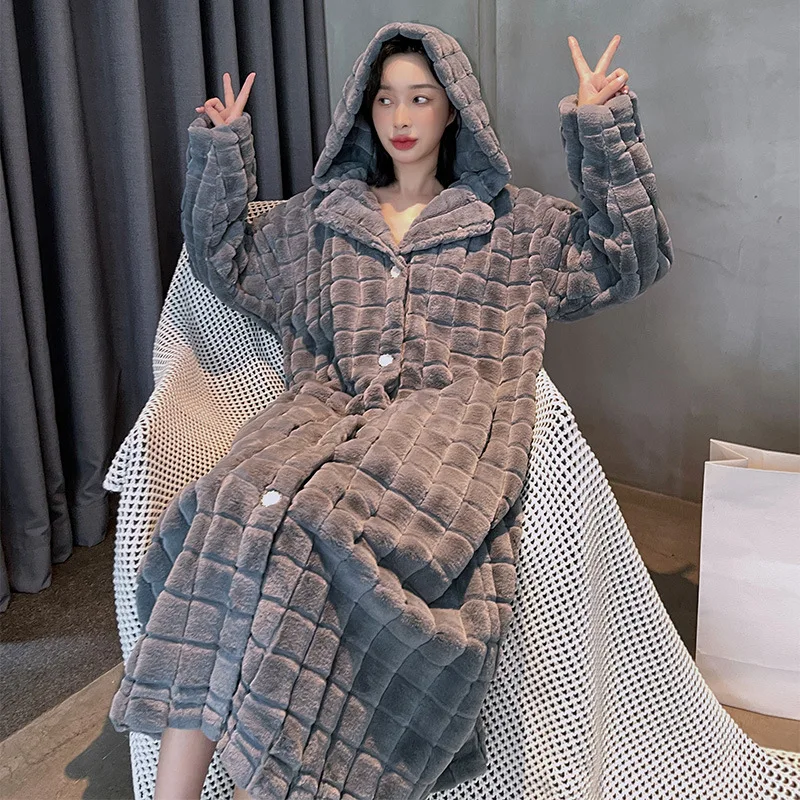 

Double-layer Thickened New Flannel Winter Pajamas Plus Long Women's Winter Coral Velvet Gray Bathrobe Pajamas Robes For Women