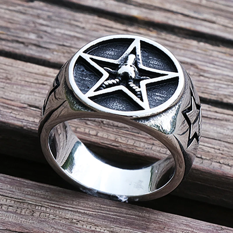 Готическое кольцо с козой пентаграммой сатанинское мужское из нержавеющей стали