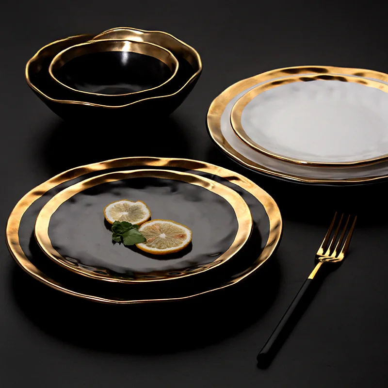 

European Black Gold Ceramic Plate Western Cuisine Matte Golden Stroke Steak Pasta Dinner Plates Creativity Retro Salad Dishes