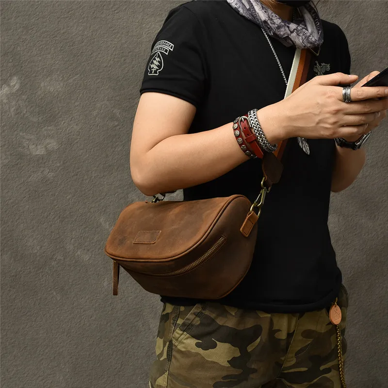 Fashion casual crazy horse cowhide men's vintage trend design natural  genuine leather wide shoulder strap small crossbody bags