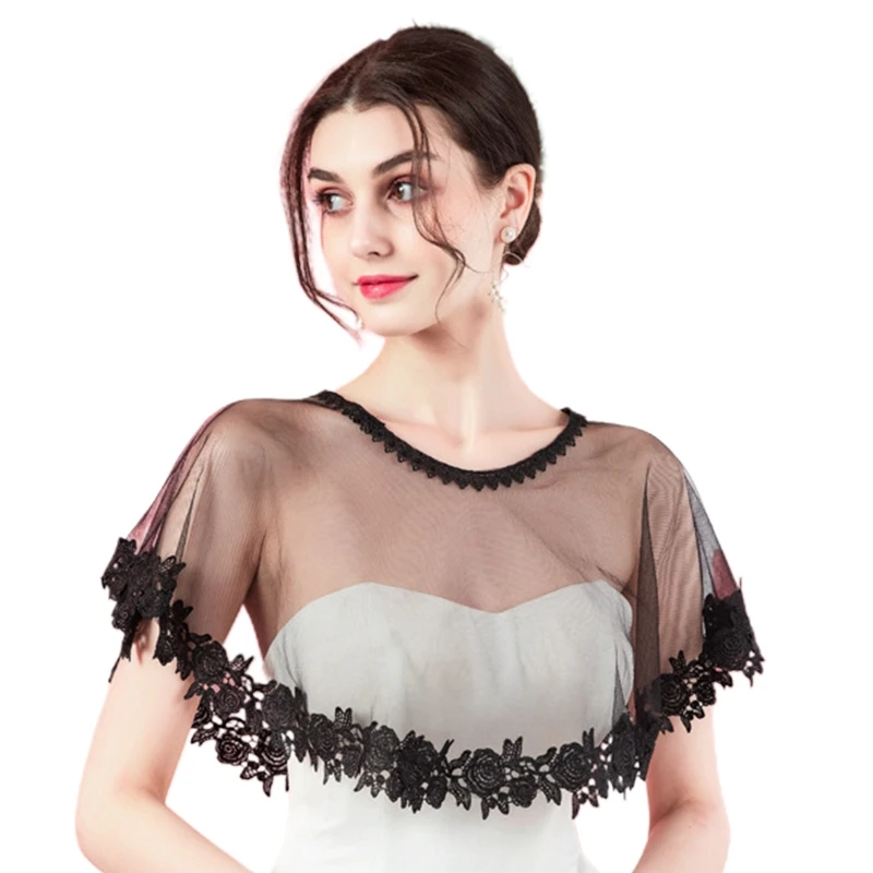 

Women Lace Cape Shawls and Wraps over Wedding Dress Bridal Sheer Capelet for Evening Dresses Cocktail Party White Black