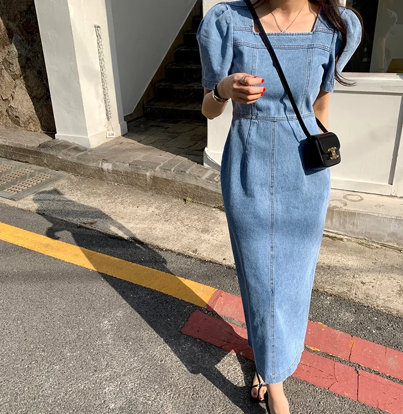 

Тонкое платье с эффектом потертости и коротким рукавом, юбка в стиле ретро, Корейская длинная шикарная Женская Винтажная летняя джинсовая юбка синего цвета