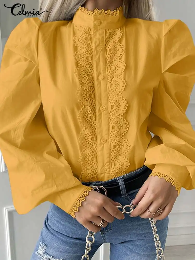 

Celmia 2022 Summer Vintage Shirt Women Buttons Fashion Casual Tunic Elegant Long Puff Sleeve Lace Party Blouse Stand Collar Tops
