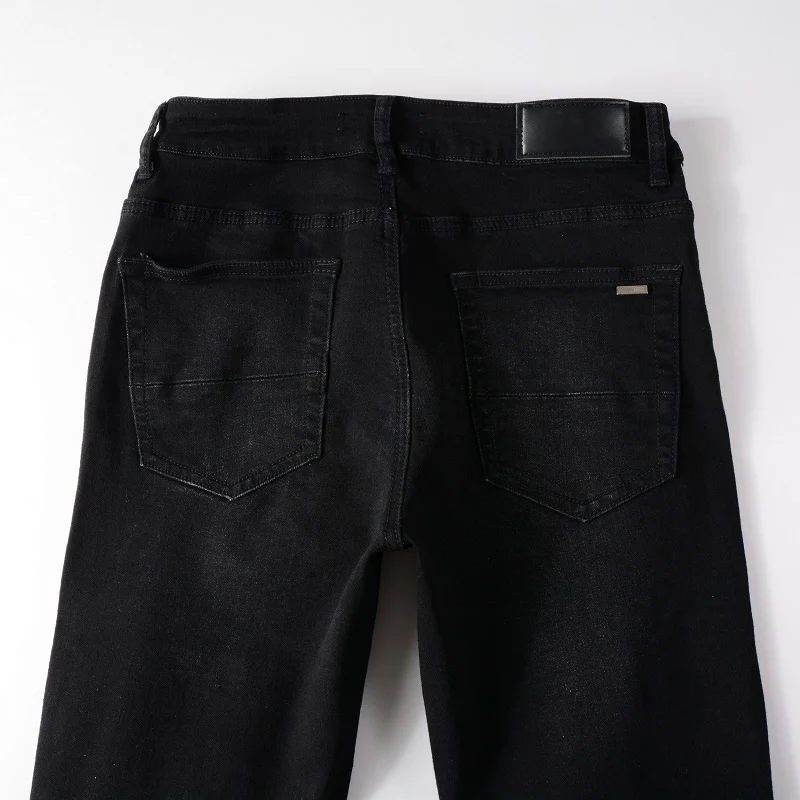 Men's Black Distressed Streetwear Style Tie Dye Bandana Ribs Patch Skinny Stretch Holes Slim Fit High Street Ripped Jeans