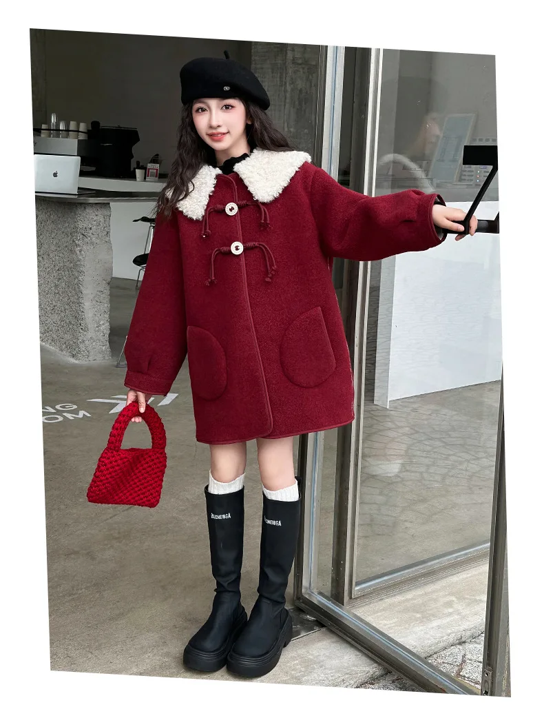 Красное пальто для девочек на осень и зиму плюс флисовое утепленное шерстяное 2024