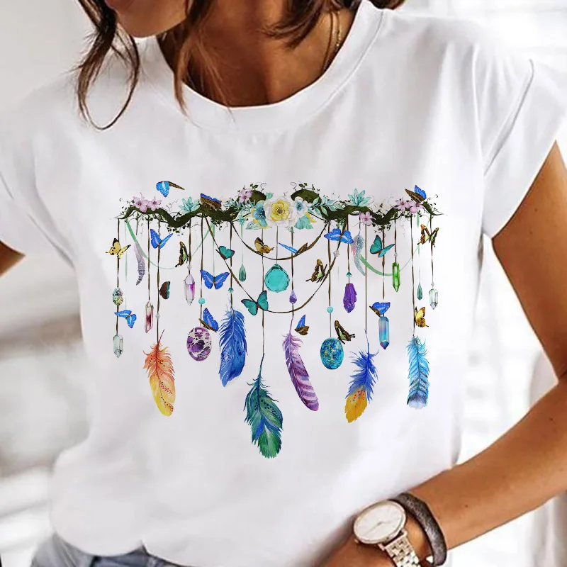 

Women Feather Printing Watercolor New 90s Cute Tees Cartoon Print Female Clothes Tshirt Fashion Vintage Clothes Simple T-Shirt