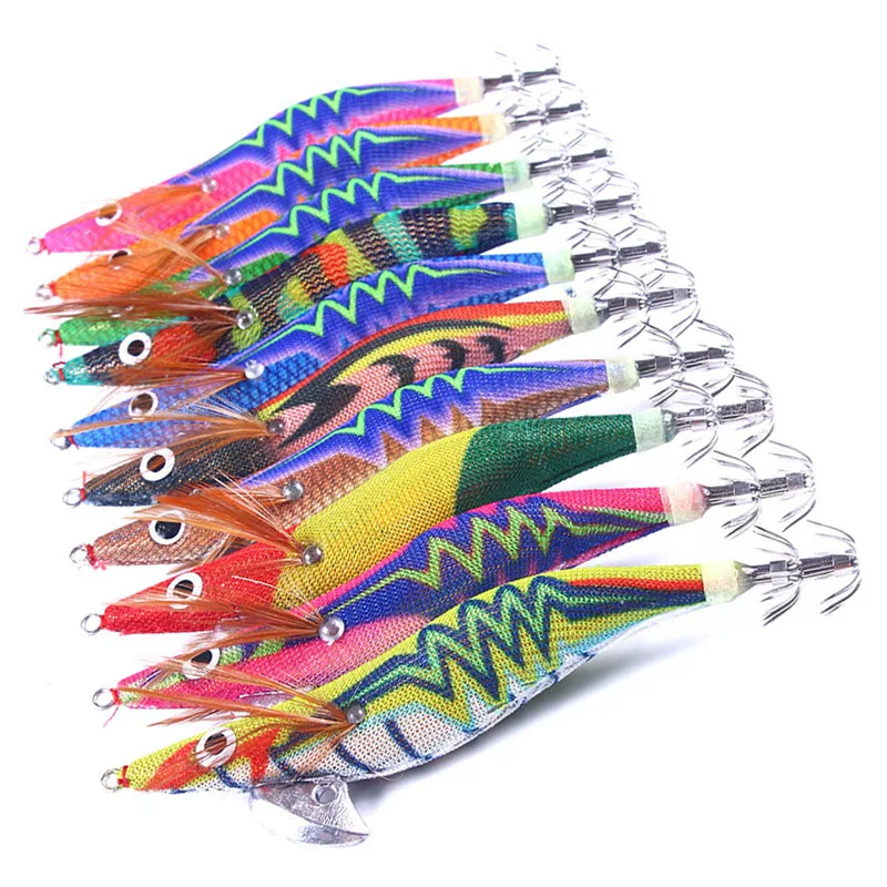 

10Pcs Squid lure Wooden Shrimp jigs Fishing hooks Octopus bait 12.2g 14.2g 2.5# 3.0# Cuttlefish Luminous Artificial fishing bait