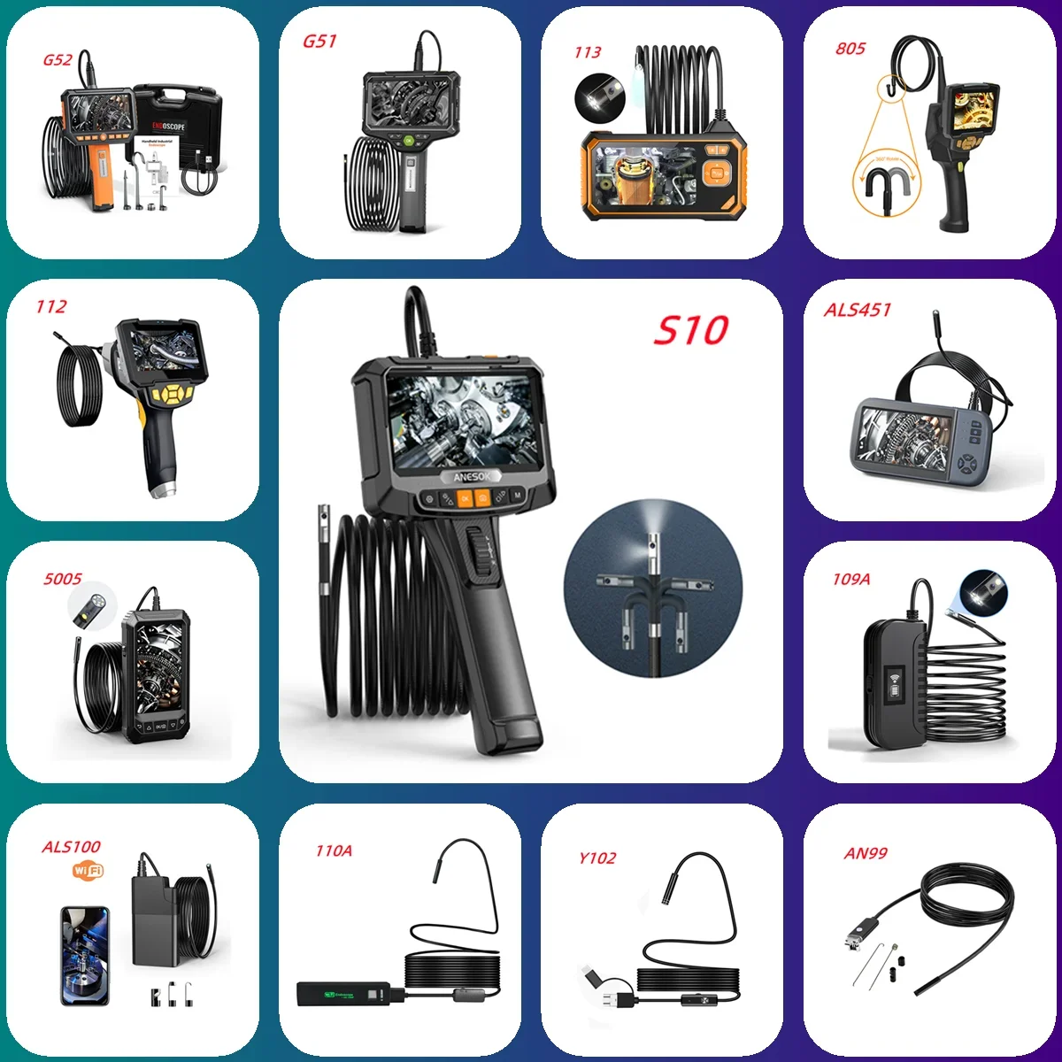 Anesok S10 двусторонняя 180-градусная рулевая эндоскопическая камера автомобильная