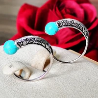 retropunkturquoise large circle carved pattern earrings bohemian plated ancient silver versatile womens silver earrings jewelry