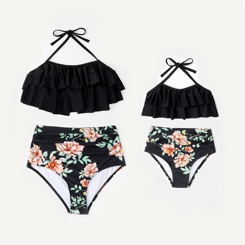 

2023 Ruffled Mother Daughter Matching Swimsuits Family Set Flower Mommy and Me Swimwear Women Girls Bikini Dresses Clothes