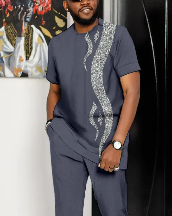 New Hot Selling Summer Men Sports Suit Striped Sweatshirt T-shirt + Trousers 2-piece Set Oversized Trousers Suit Casual Men Suit